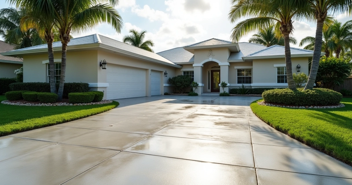 Clean concrete driveway in Florida suburban home 