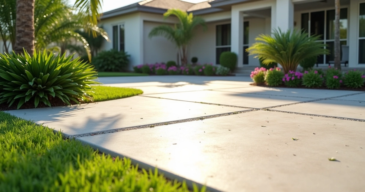 Clean exterior concrete patio with broom finish in sunny Orlando backyard 