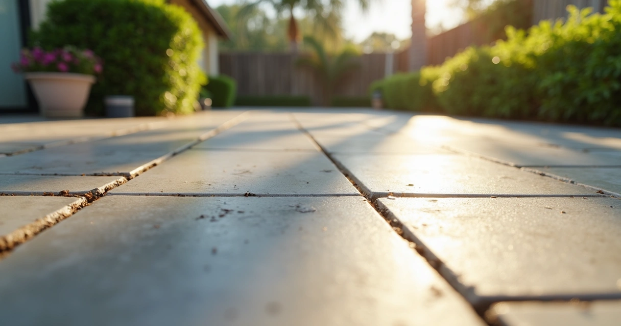 Close-up of clean outdoor concrete surface with no rust stains in a sunny Central Florida backyard 