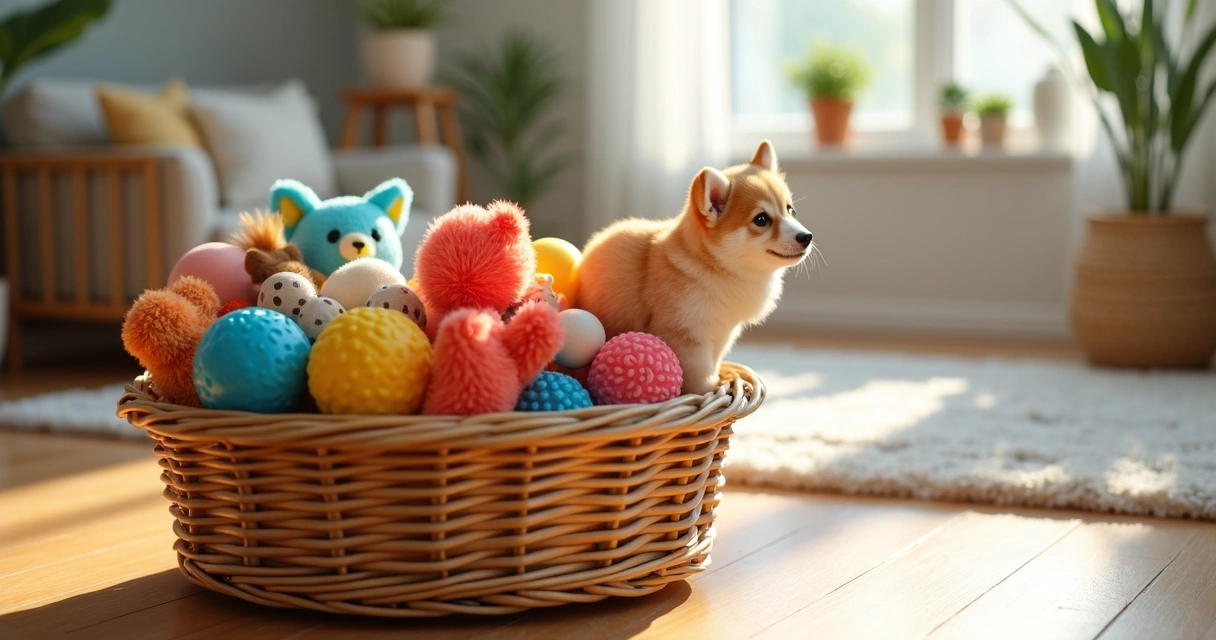 Assortment of clean dog and cat toys neatly arranged in a basket on a wooden floor 
