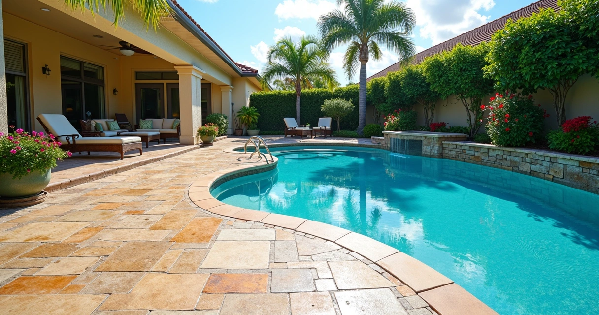 Clean and well-maintained pool deck with stamped concrete and clear blue pool water in a sunny Florida backyard 