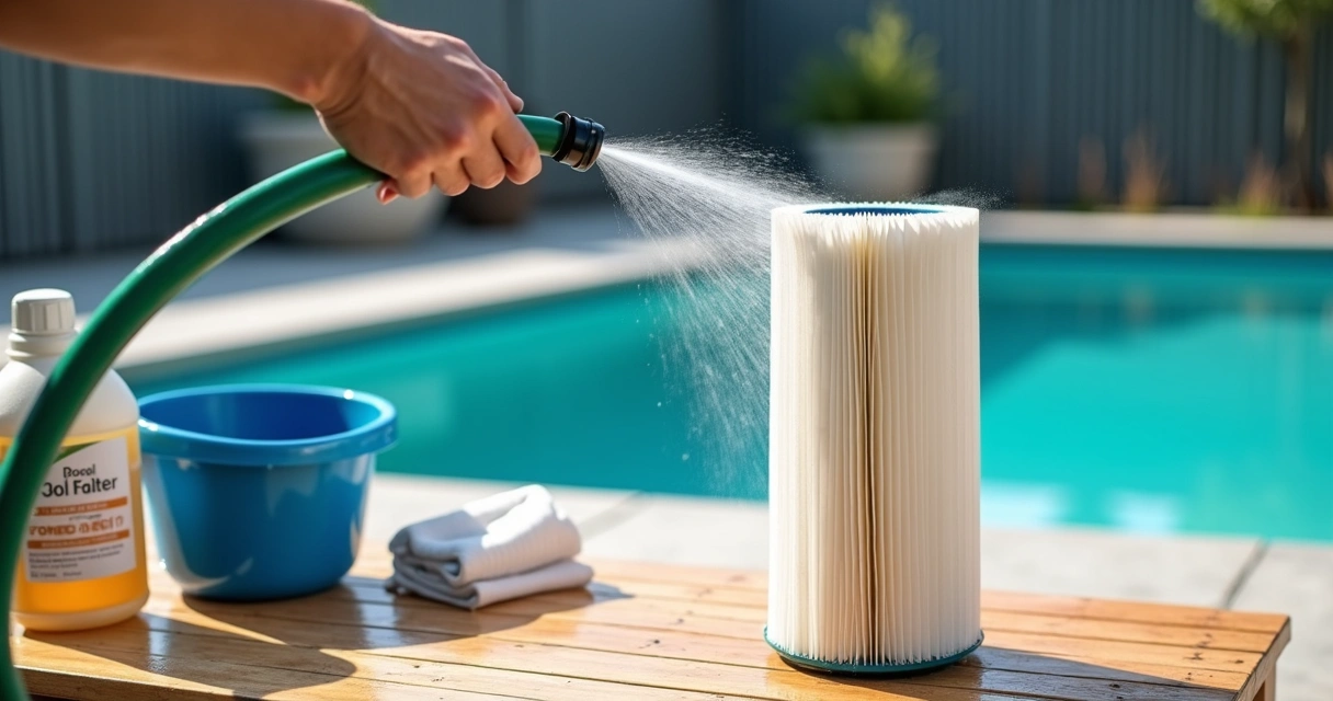Pool filter cartridge being cleaned with hose over backyard workbench 