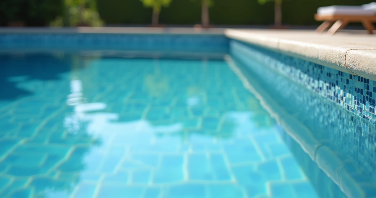Close-up of clean swimming pool tiles at waterline, no scum 
