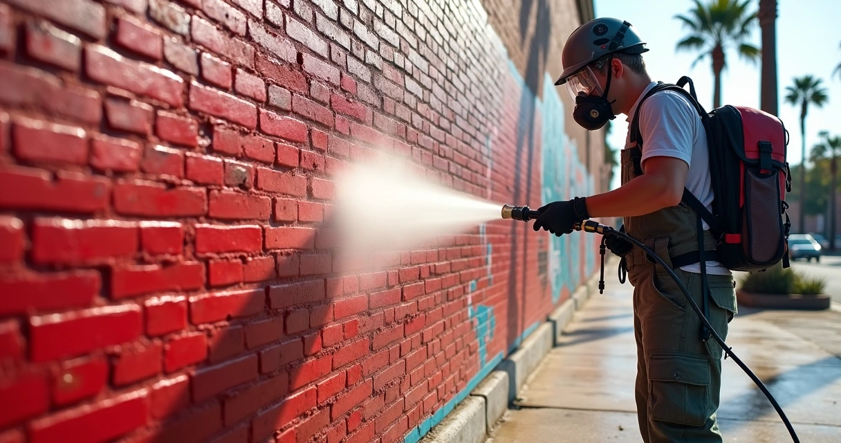 Worker removing graffiti from brick wall with pressure washer 