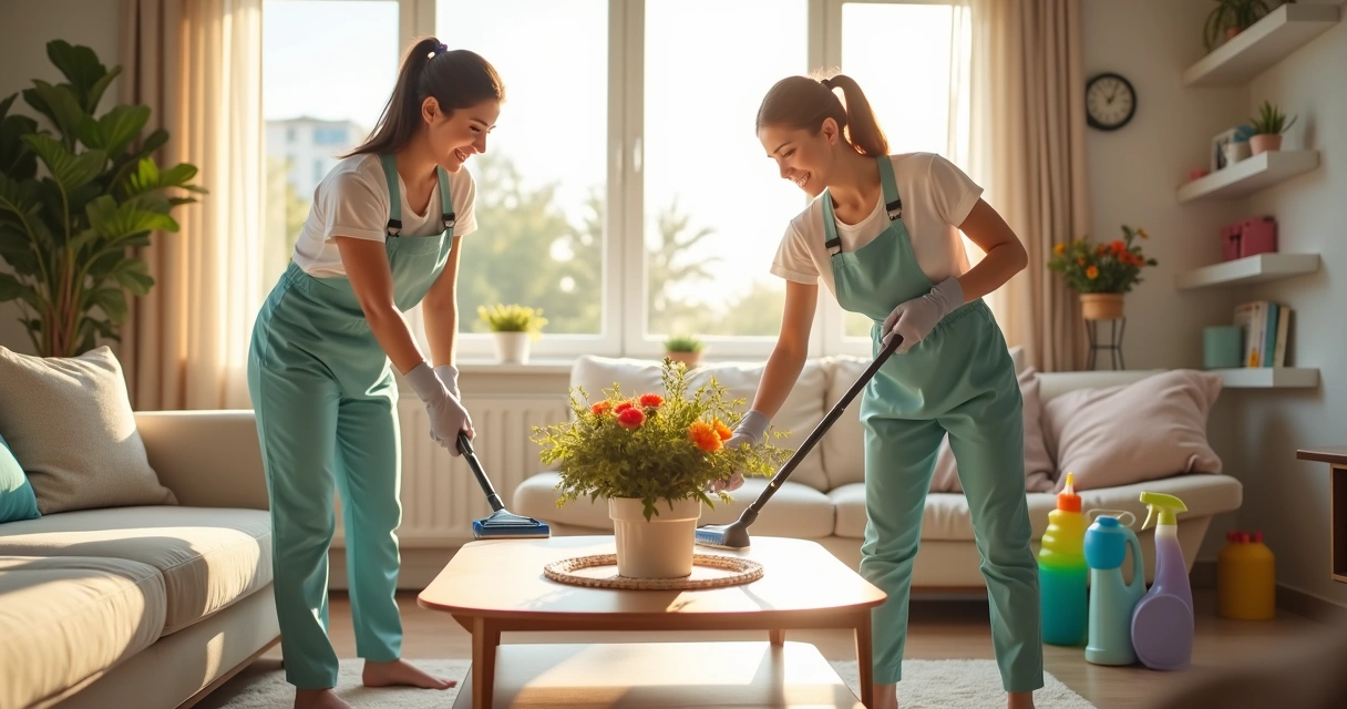 Two cleaners preparing a rental home for guests 