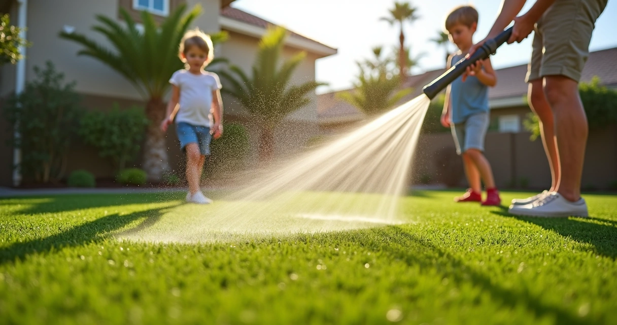 Person using hose on artificial turf with children playing 