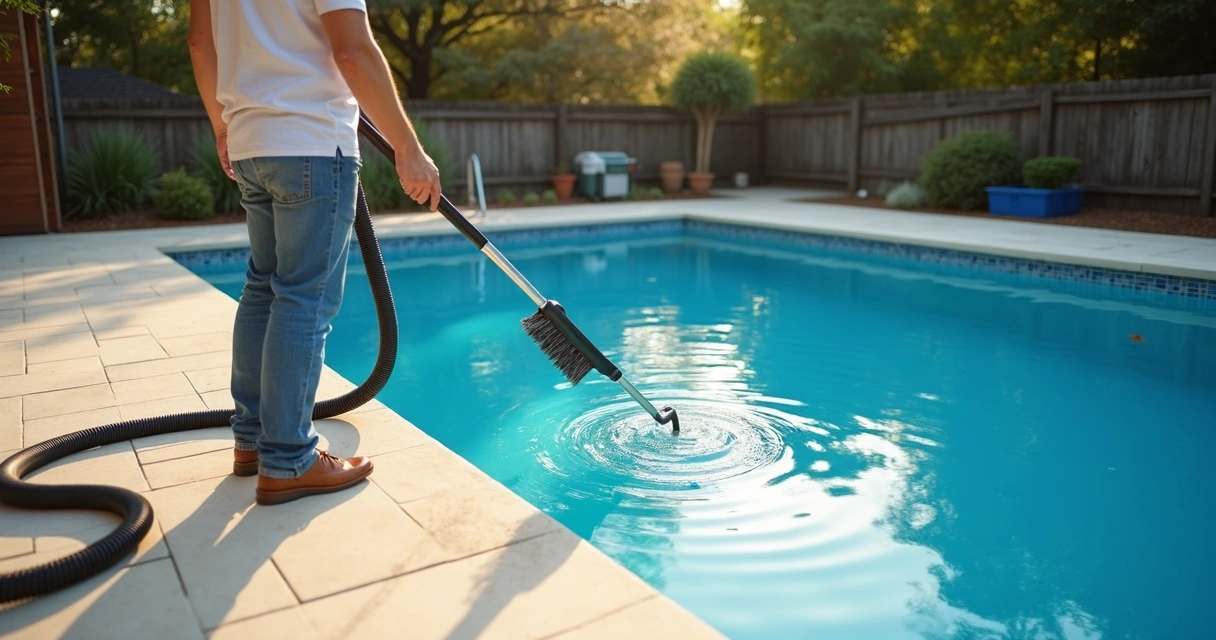 Person brushing pool wall in a clean backyard pool 