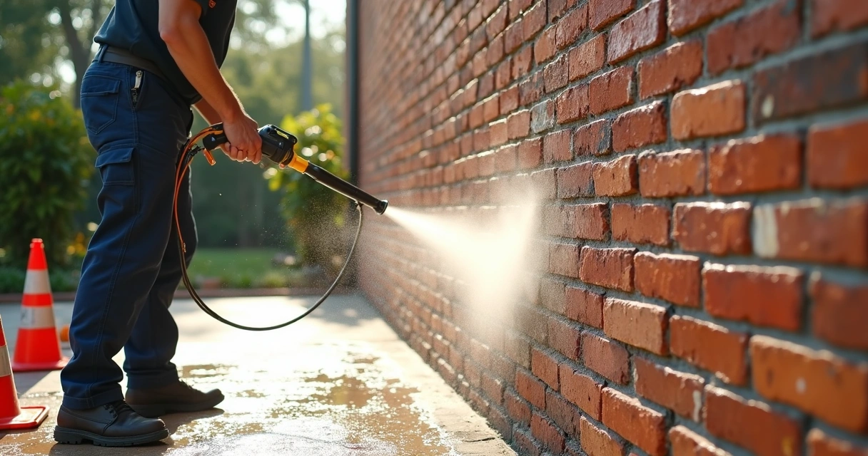 Pressure washing outdoor brick wall 
