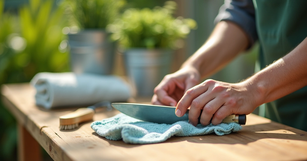 Hand wiping garden tool with cloth on wooden table 