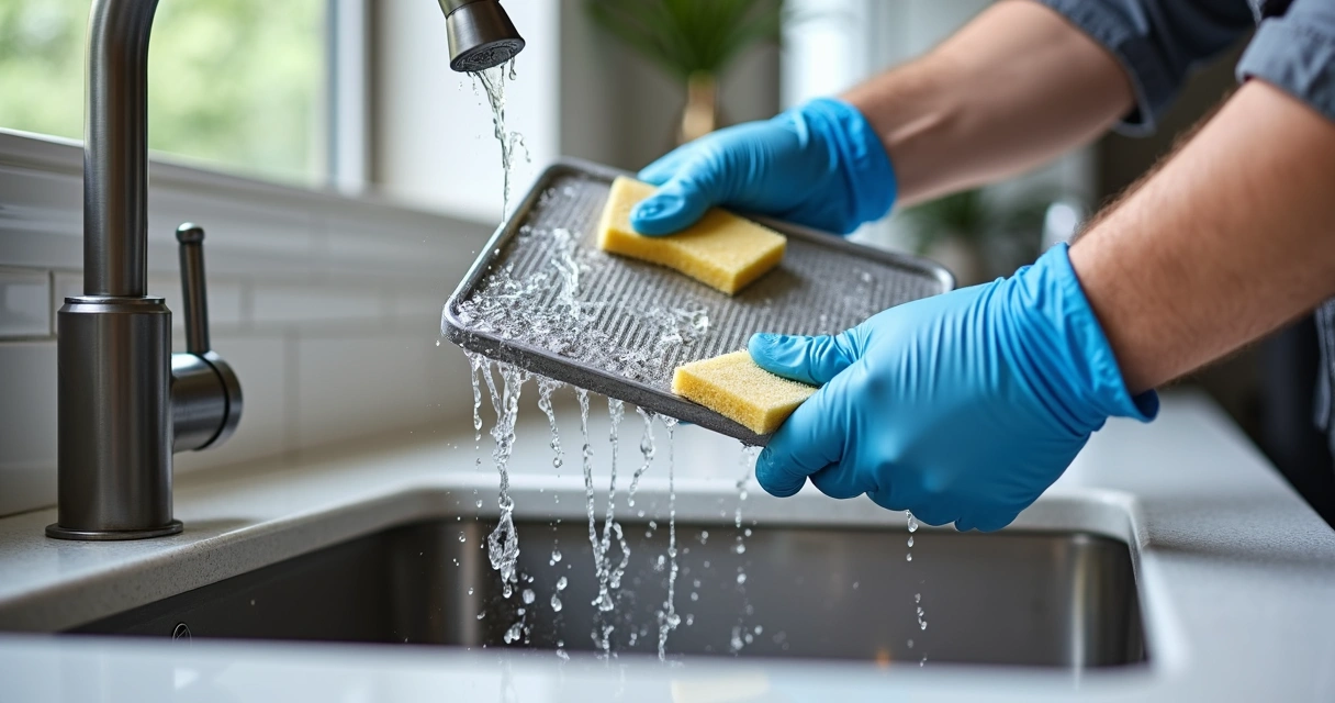 Person cleaning BBQ vent hood grease filter in kitchen sink