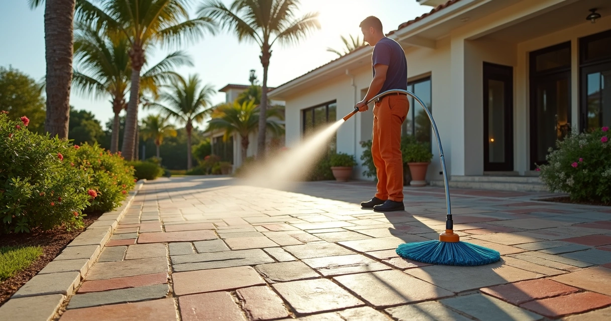 Person rinsing outdoor pavers with hose in Florida sun