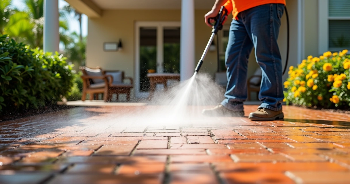 Pressure washing brick paver patio in Orlando