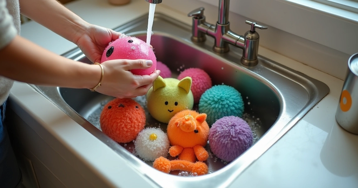 Hands washing different dog toys in a sink with soap and water