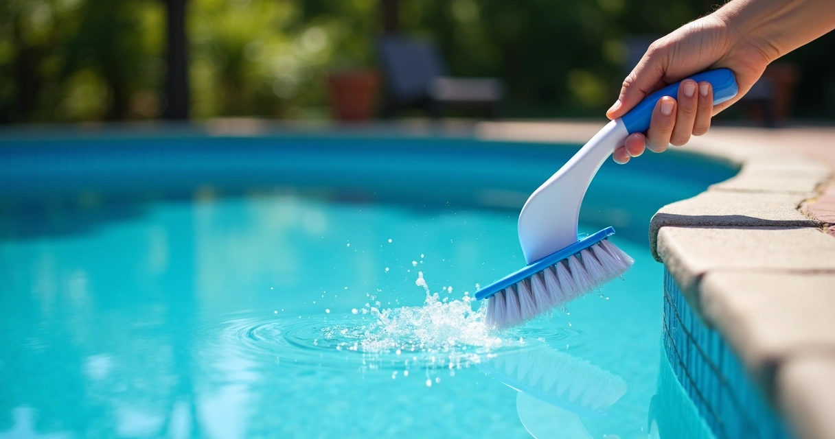 Brushing the pool walls and floor