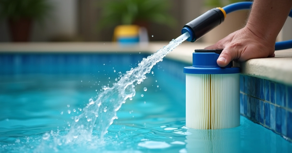 Pool cartridge filter being cleaned with a garden hose