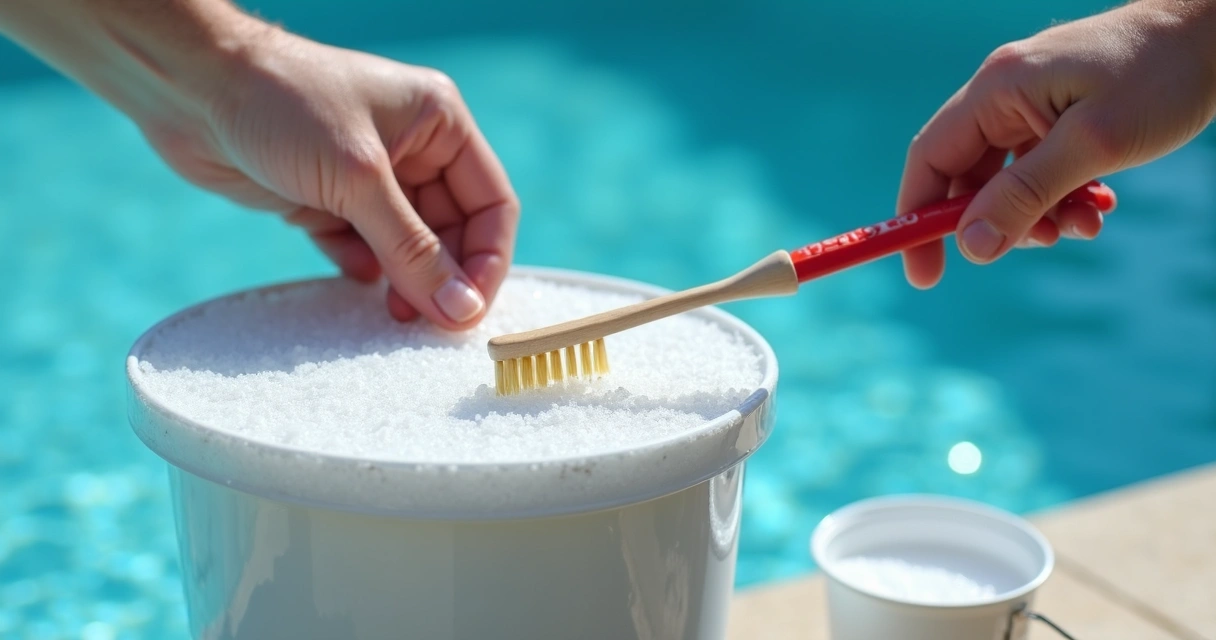 Cleaning pool salt cell with toothbrush 