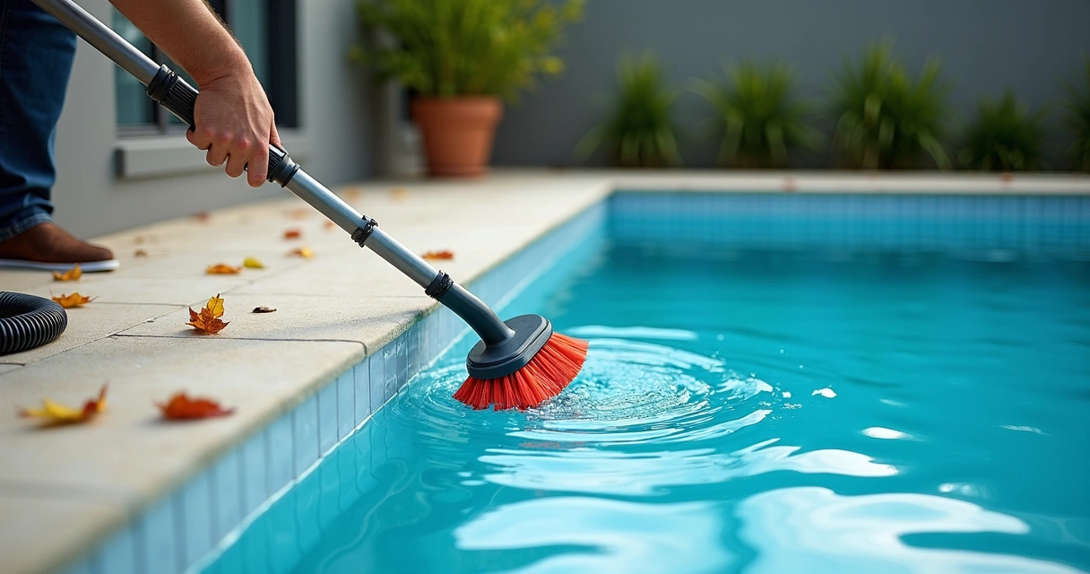 Pool wall brushing during regular backyard maintenance 