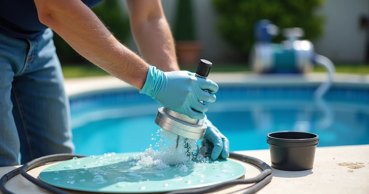 Pool owner cleaning a salt cell near pool equipment 