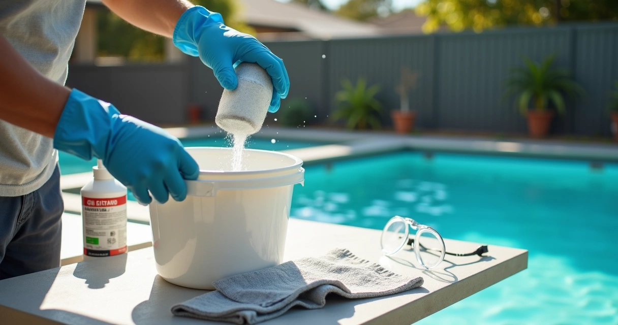 Close-up of hands cleaning a salt chlorinator cell with a clear blue pool in the background 