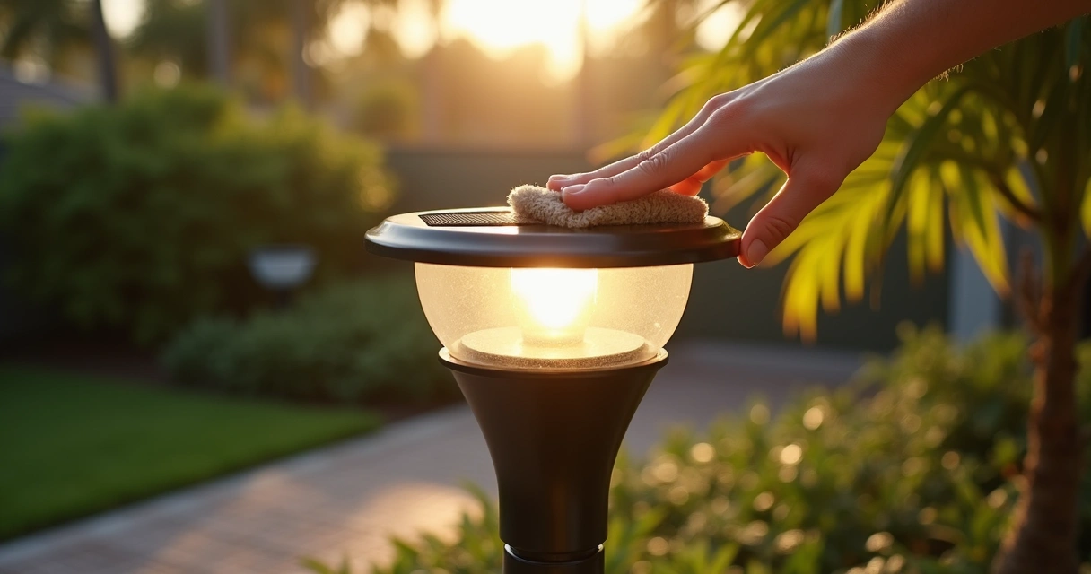 Person cleaning solar panel on a patio light in Florida backyard 