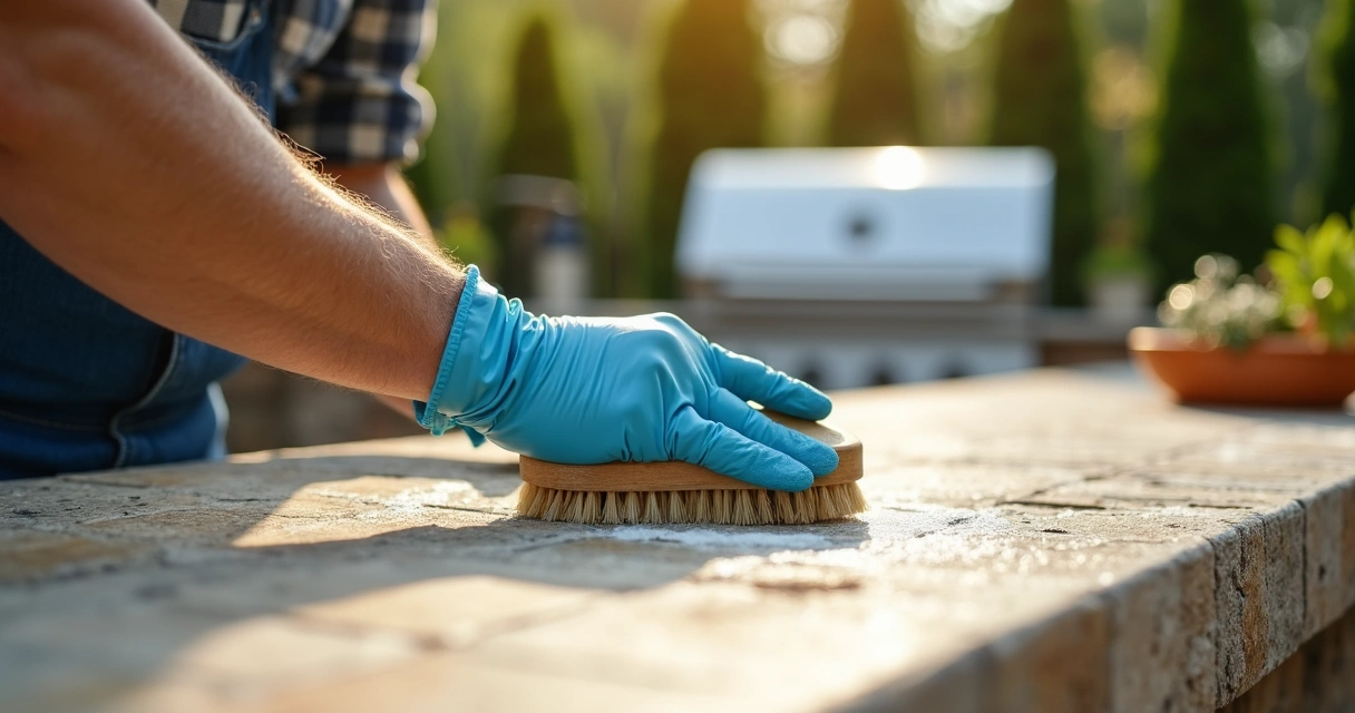 Person cleaning stone veneer on an outdoor kitchen countertop with a soft brush 