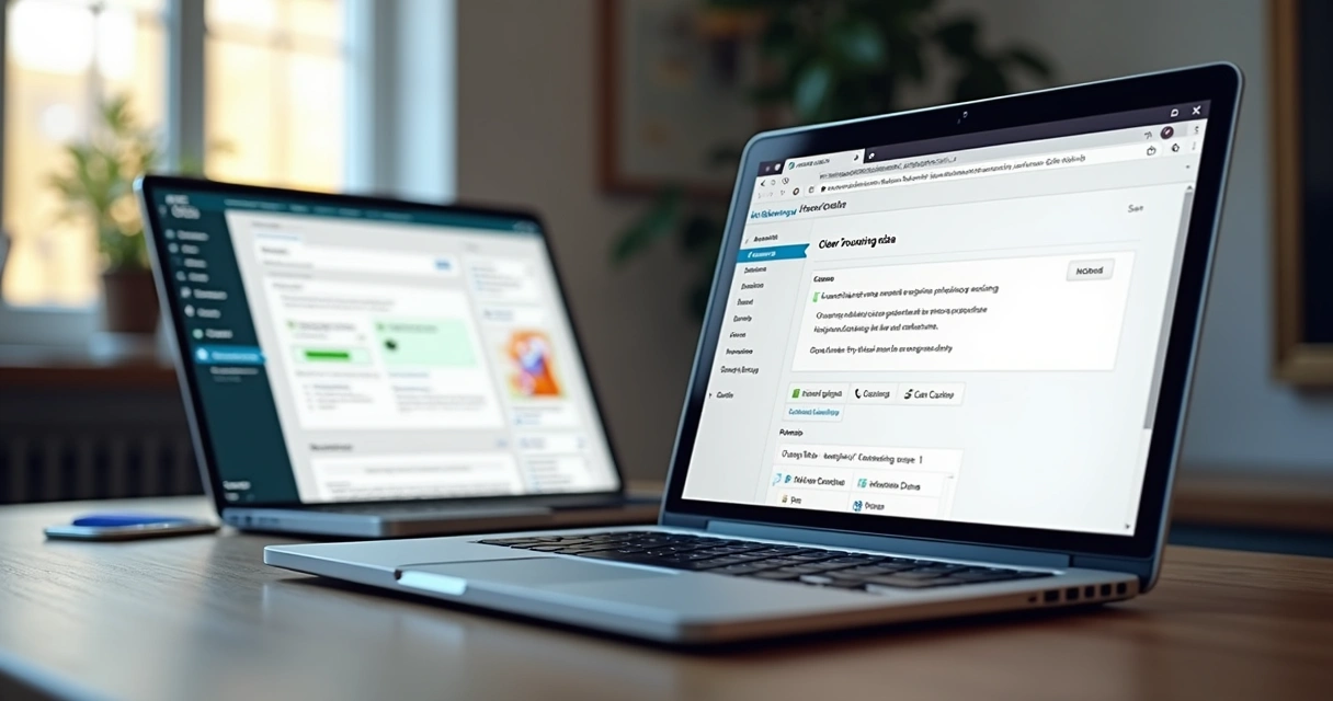 Person clearing cache on WordPress dashboard and browser settings screen 