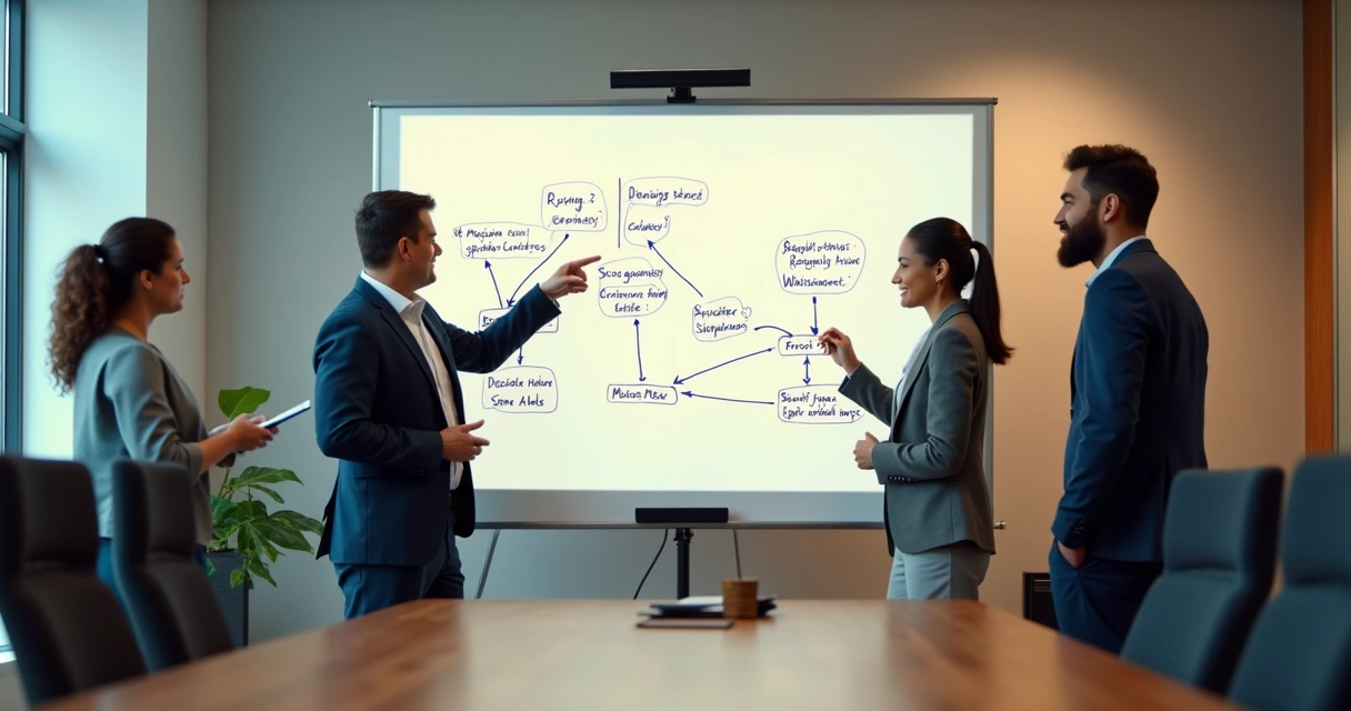 Group standing near a whiteboard with a clear decision path 
