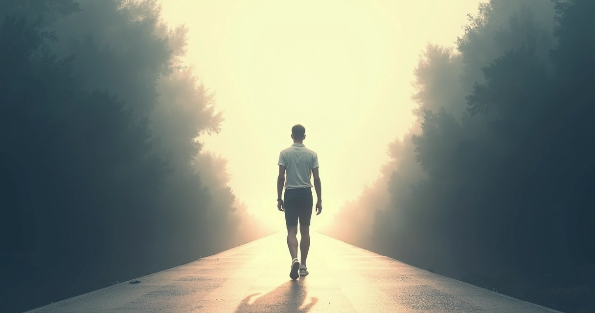Symbolic image of a person walking a straight path with obstacles on each side, showing a clear direction