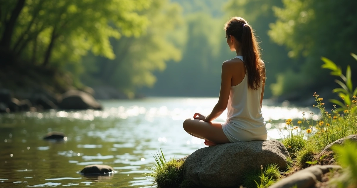 Woman sitting on a rock by a river, surrounded by trees, looking peaceful 