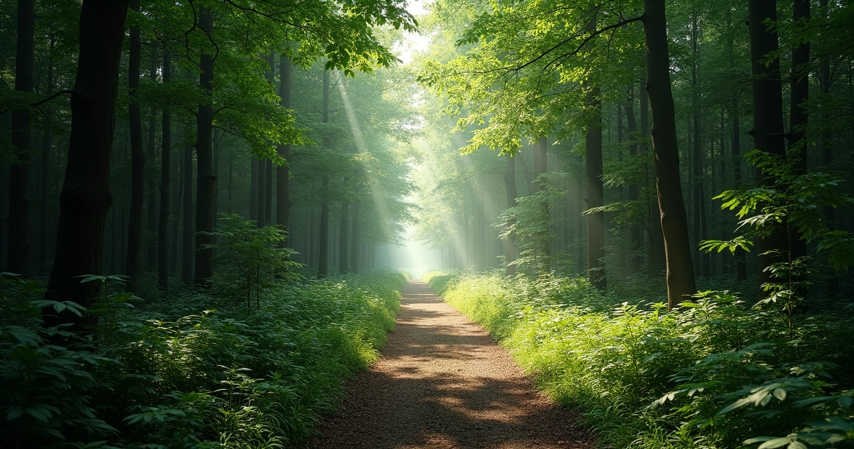 A winding forest trail opens up into a wide, sunlit clear path. 