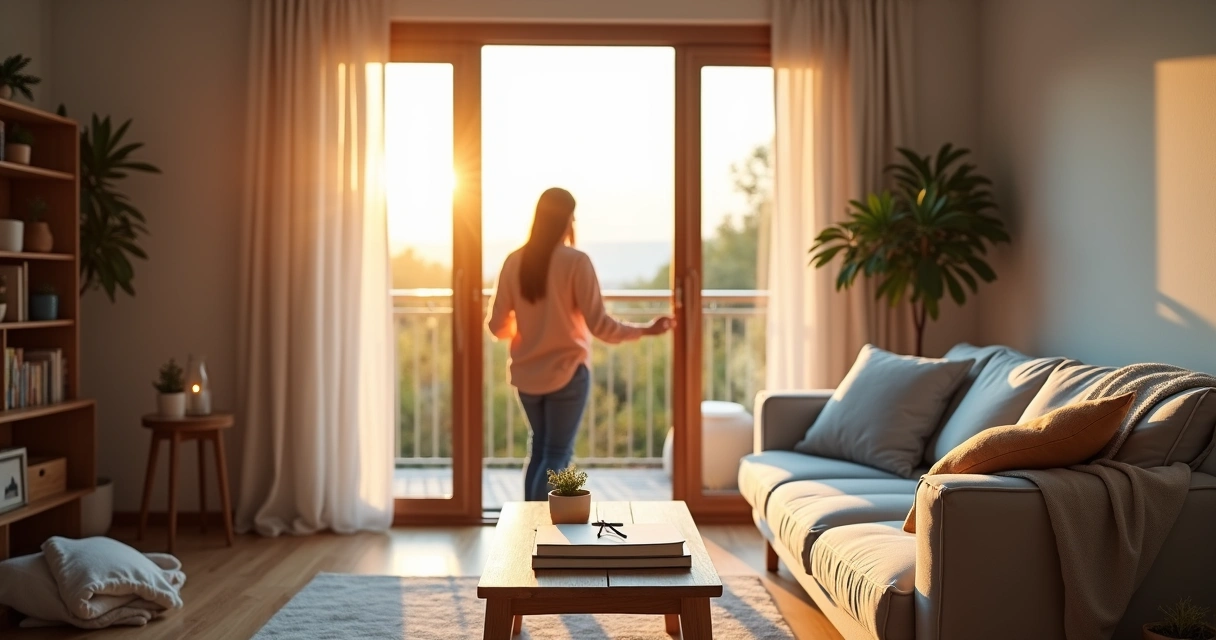 Person opening windows to fresh air while gently tidying a cozy living room 