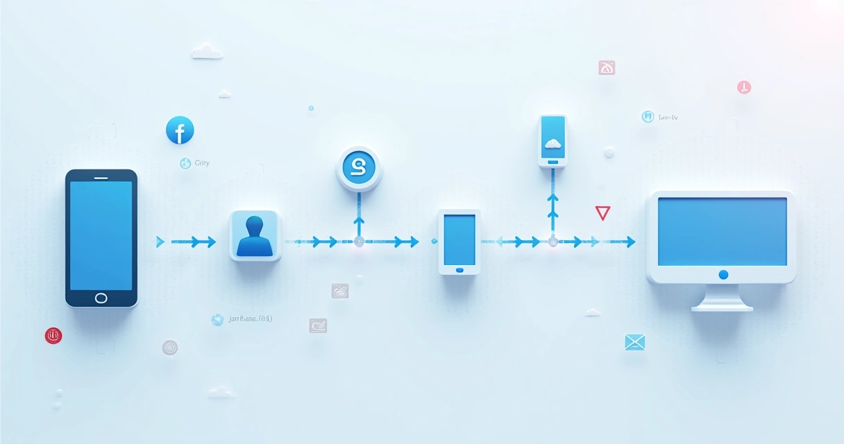 Linha do tempo de jornada entre dispositivos em esquema visual 