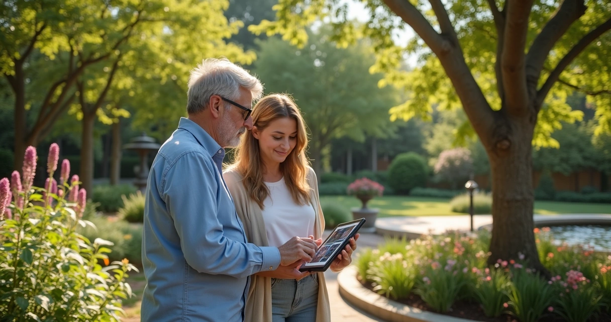 Designer and client discussing 3D landscape plans in sunlit garden