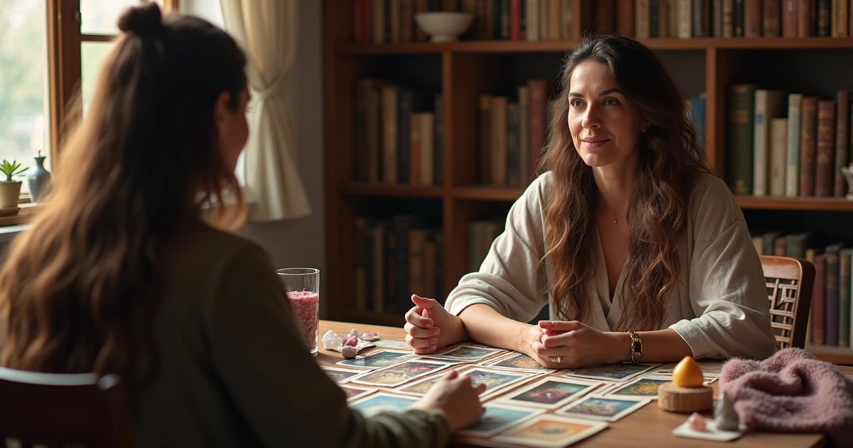 Tarot reader consulting with client in a cozy setting 