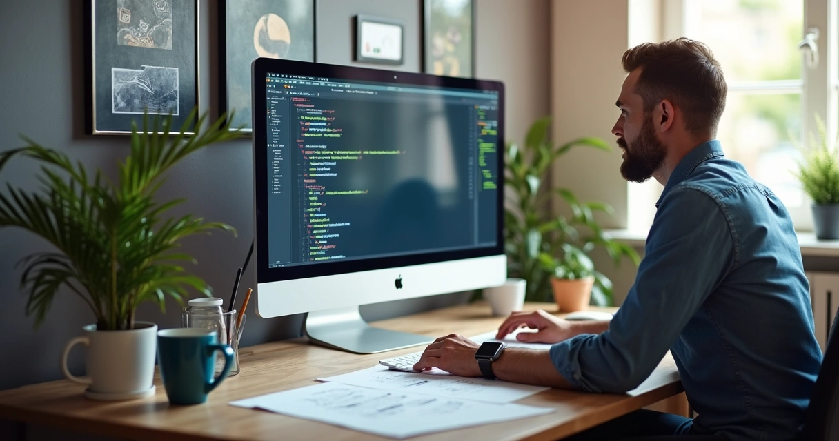 Client and software developer discussing digital project at computer 