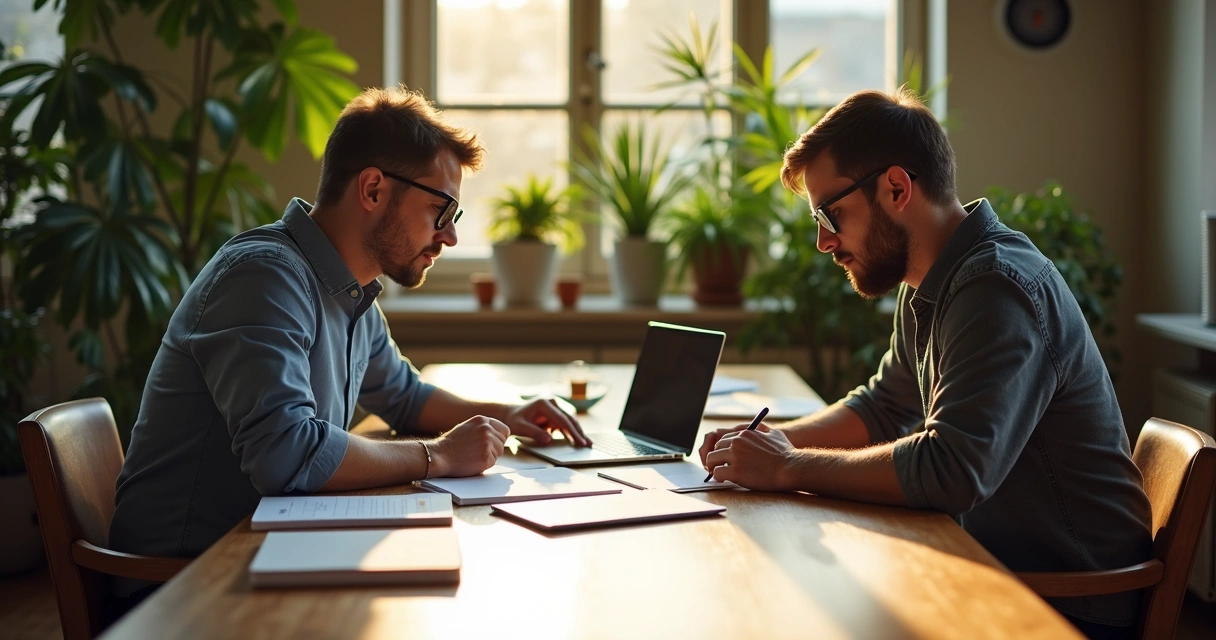Client and web developer collaborating over laptop 
