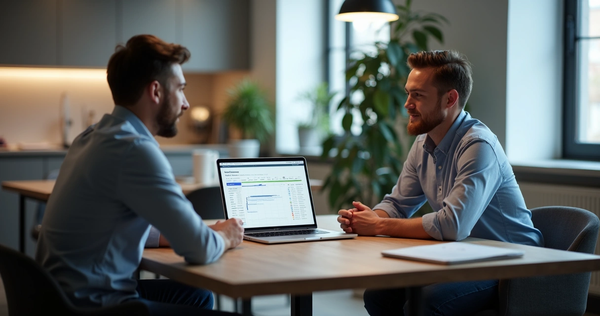 Client and freelance developer discuss project on laptop