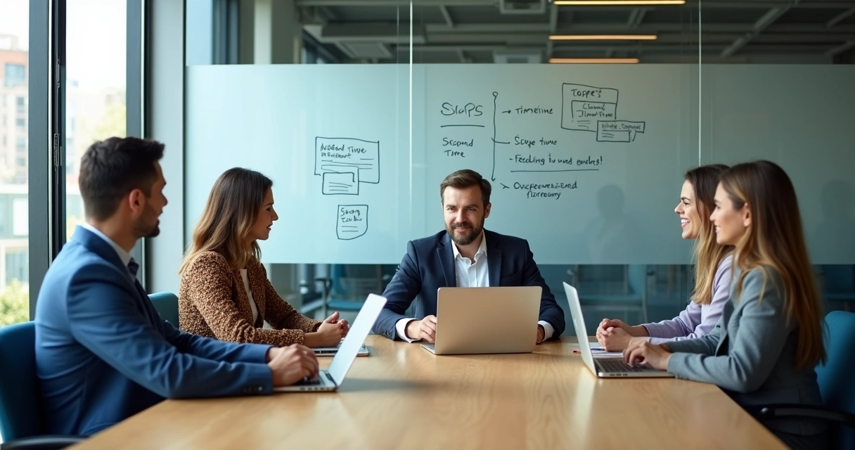 Team meeting with clear project notes on a glass wall