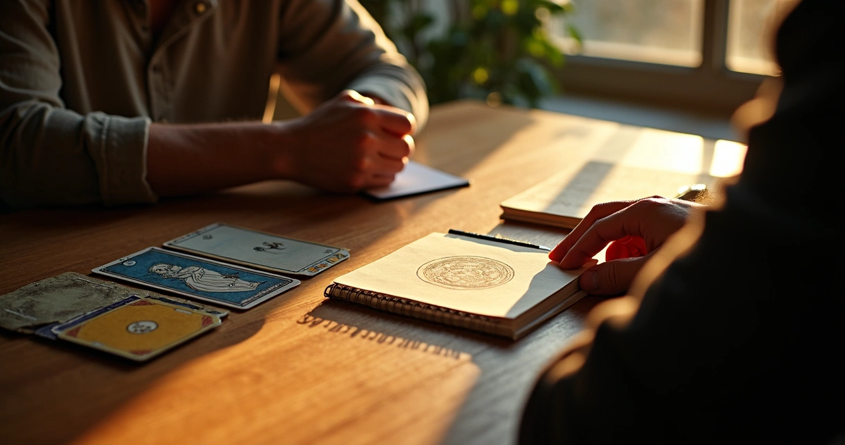 Person reflecting in quiet tarot session, sunlight on table with Death card 