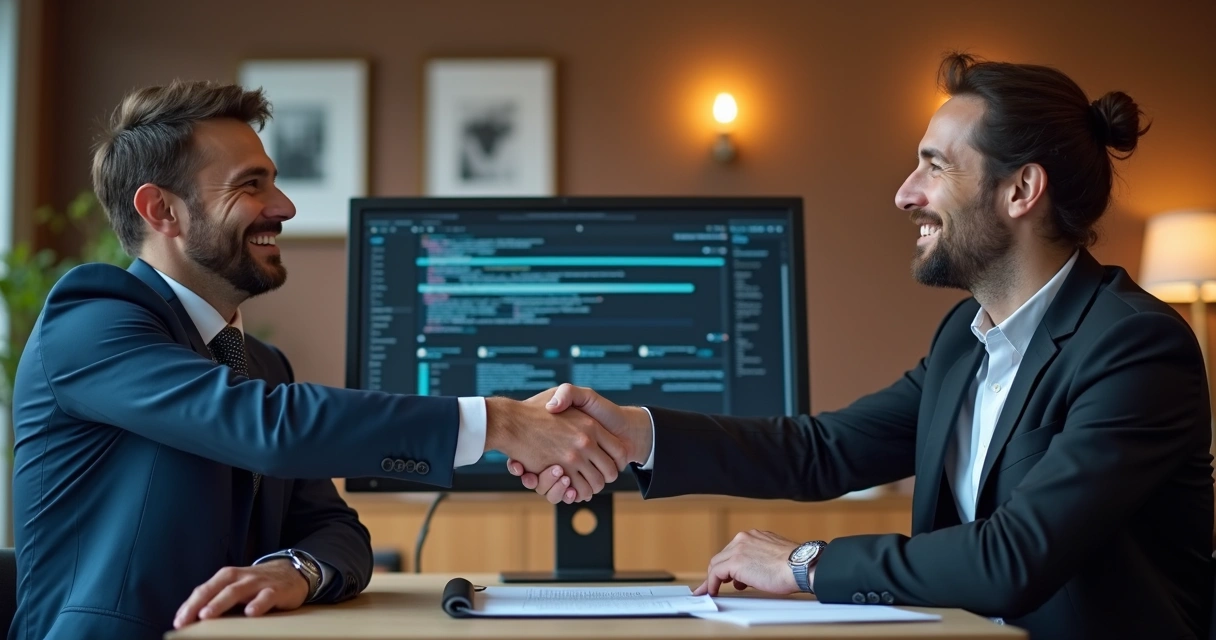 Business and developer shaking hands after successful backend project