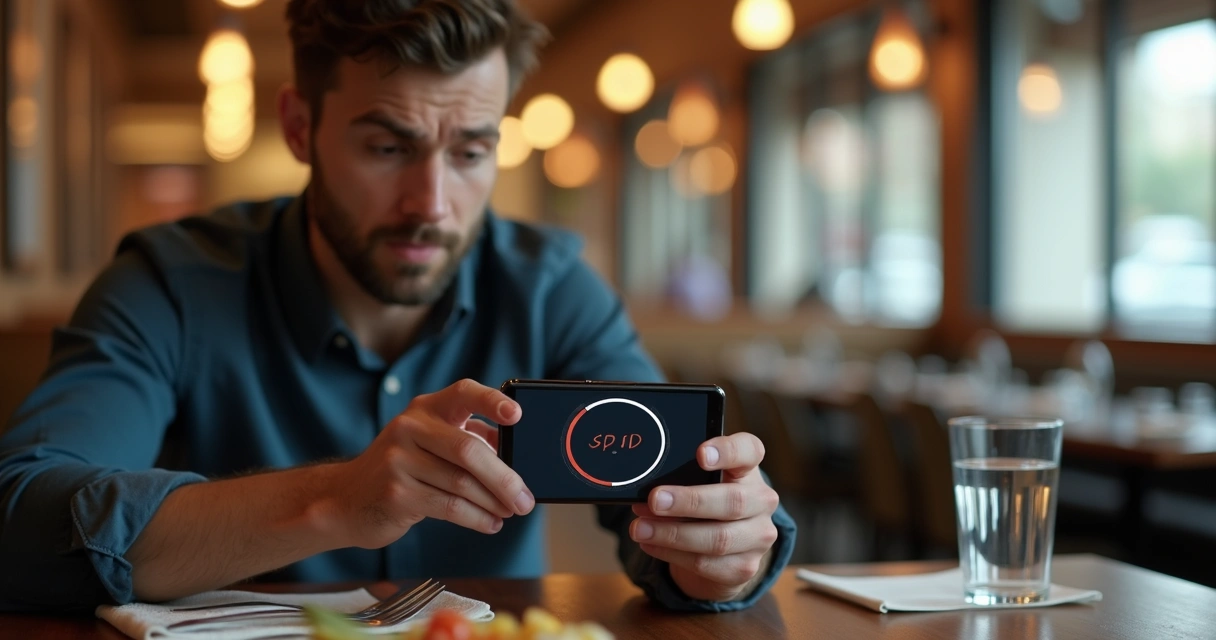 Homem olhando decepção para celular com tela de carregamento 