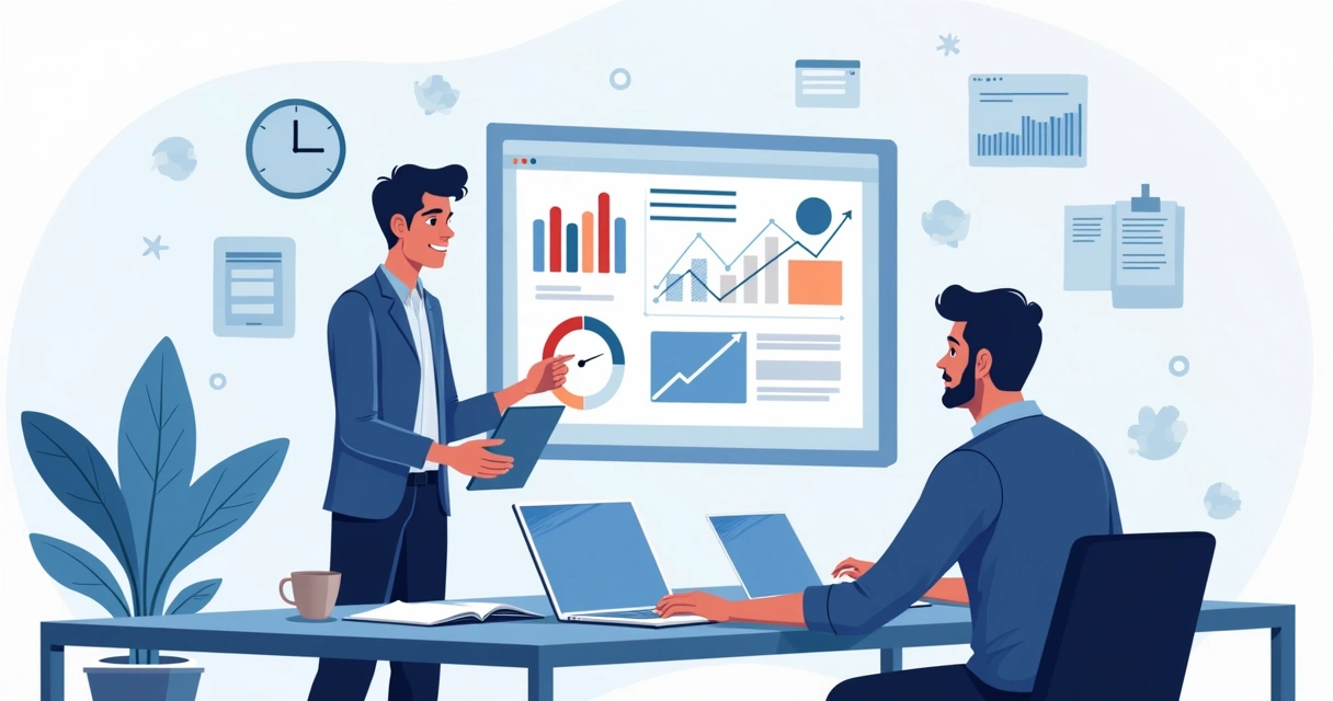 Profissional apresentando dados do site para cliente em escritório 