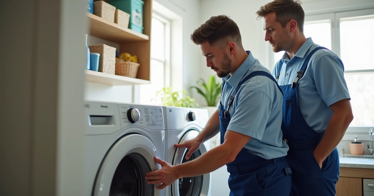 Cliente acompanha técnico uniformizado durante manutenção de máquina de lavar roupa 