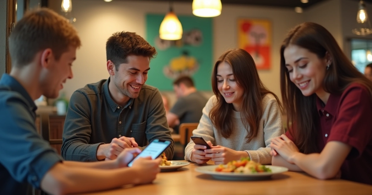 Cliente acompanha status do pedido no celular sentado na mesa do restaurante 