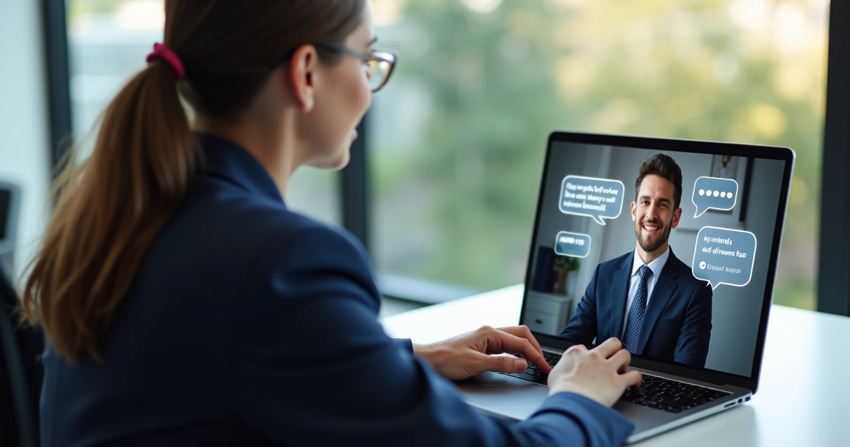 Advogada usando assistente virtual de IA para atender cliente 