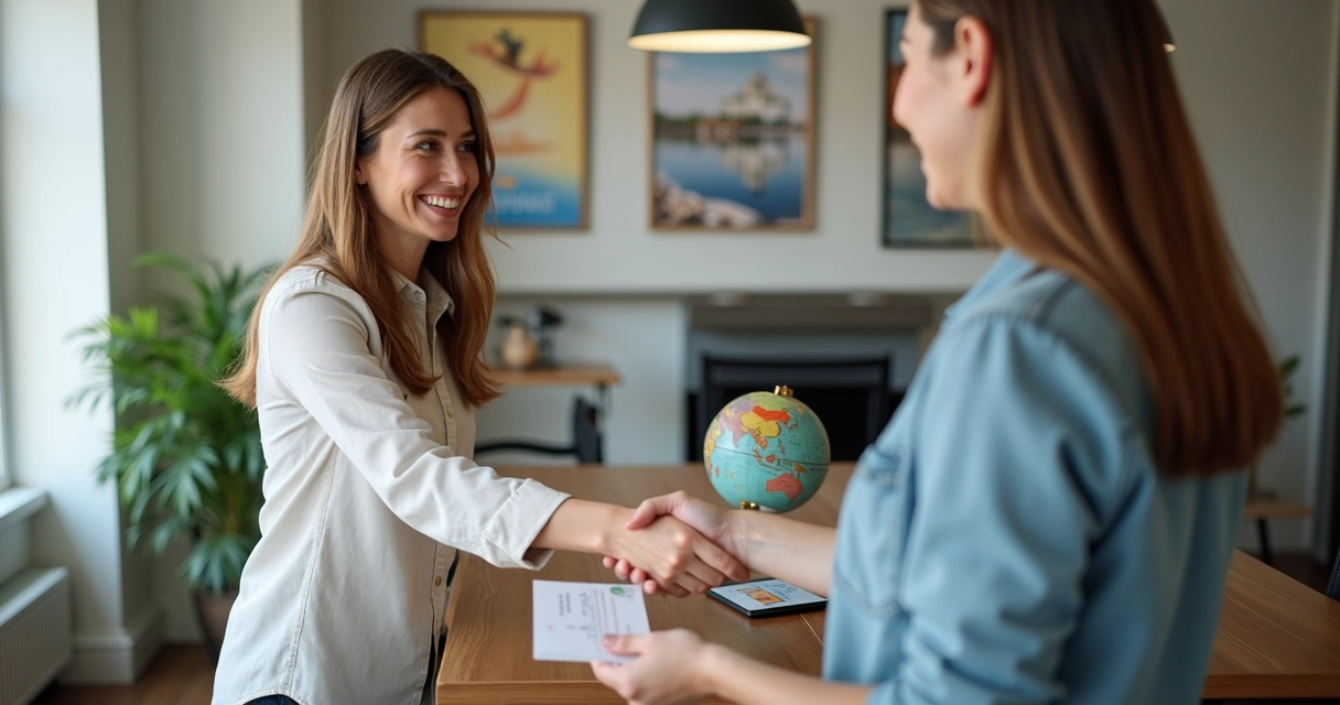 Cliente sorridente segurando voucher de viagem com agente de turismo 