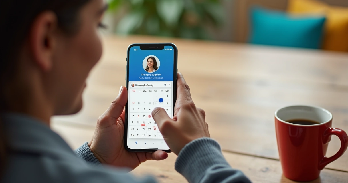 Cliente agenda consulta em smartphone, tela mostra calendário digital e perfil de terapeuta, mesa de madeira colorida, caneca ao lado. 
