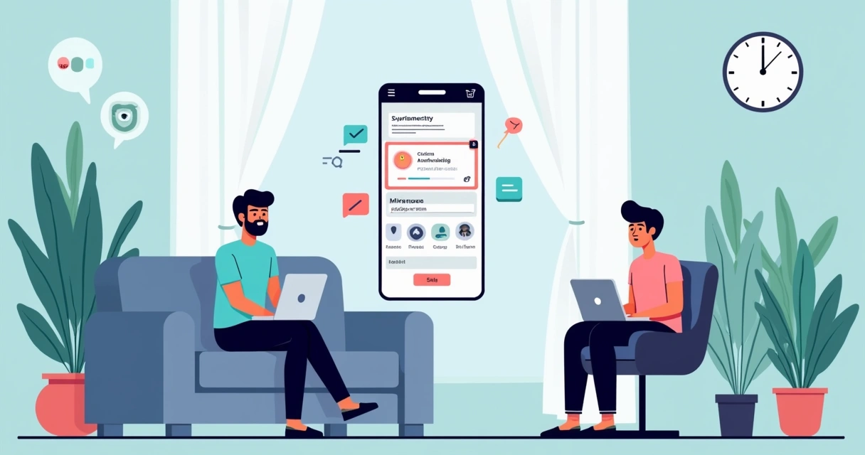 Cliente agendando corte de cabelo em aplicativo online, com lembretes automáticos e ambiente relaxante.