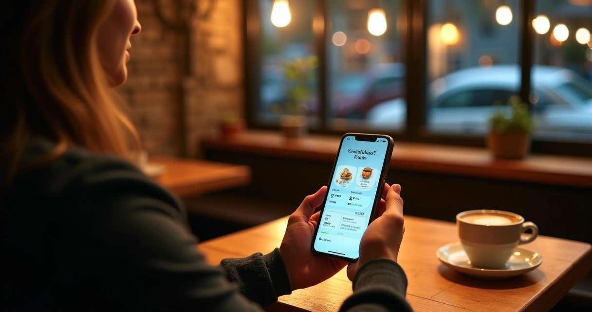 Cliente agendando pedido pelo celular sentado à mesa