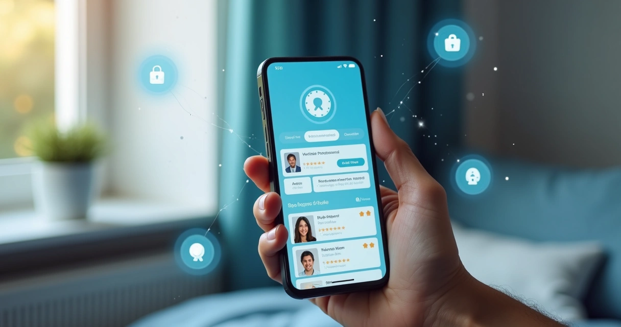 Pessoa usando smartphone para agendar serviço de acompanhante com segurança online 